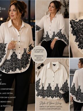 East 5th Blouse 1X White Black Button Boho Gothic Baroque Flowy Bell Sleeve Top